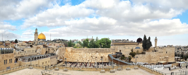 The Old City in Jerusalem with  view of the Western Wall and the Mosque of Omar Al Aqsa Dome of the Rock