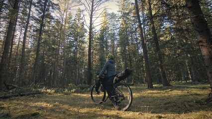 Fototapeta premium The woman travel on mixed terrain cycle touring with bike bikepacking outdoor. The traveler journey with bicycle bags. Stylish bikepacking, bike, sportswear in green black colors. Magic forest park.