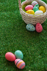 Vertical Easter background with colorful yellow, pink, blue Easter eggs in woven basket and green grass. Top view with copy space. Easter holidays social media background.