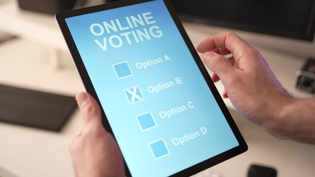 Online Voting at Election on a Touch Screen Tablet Closeup