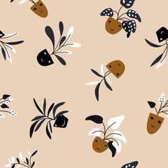 Seamless pattern.Colorful houseplants arranged chaotically.Vector illustration for design