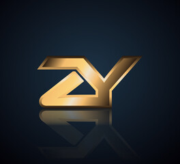 Modern Initial logo 2 letters Gold simple in Dark Background with Shadow Reflection ZY