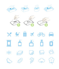 Set of hygienic icons for wipes. Vector illustration isolated on white background. Easy to use for presentation your product, design. Editable stroke outline. EPS10.	