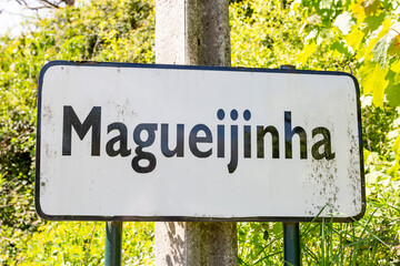 village entry sign at Magueijinha (Magueija), Lamego municipality, district of Viseu, Portugal - obrazy, fototapety, plakaty