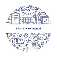 Set of ESG, ECO, BIO icons. ESG environmental criteria, icons arranged in the shape of a circle with an inscription in the center. Vector illustration isolated on a white background.