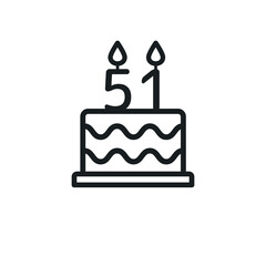 Birthday cake line icon with candle number 51 (fifty-one). Vector.