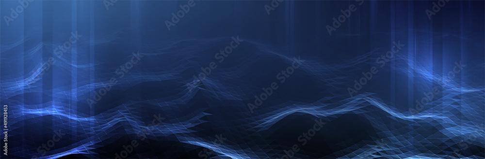 Poster abstract blue background. dark low poly triangle pattern. virtual computer landscape. technology sty