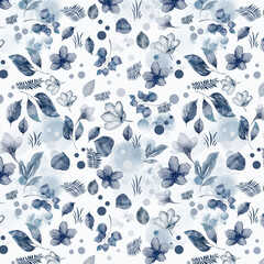 Navy blue and soft white floral botanical background pattern digital paper with leaves and circles design element.