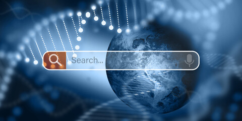 Global Scientific Research Abstract with DNA and Erath Planet Background. Search button Banner for Science and Biotechnology 