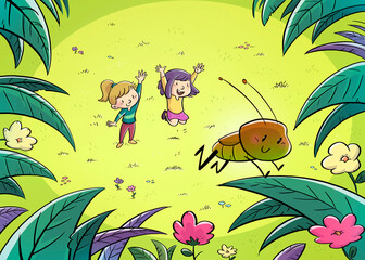 Obraz na płótnie Canvas Illustration of two girls at the field greeting an insect