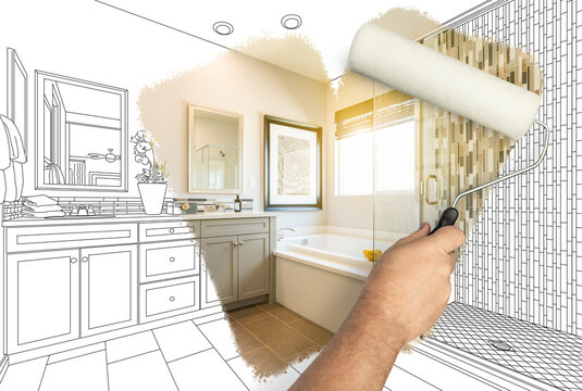 Before and After of Man Painting Roller to Reveal Newly Remodeled Bathroom Under Pencil Drawing Plans.