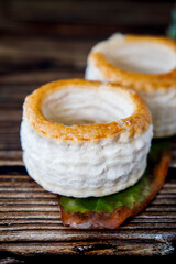 Vol au vent still life on wooden table