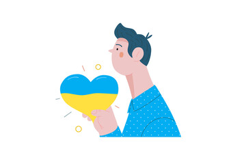 War and peace - Ukranian heart -modern flat vector concept digital illustration of young man holding the Ukranian flag colored heart. Creative ant-war poster.