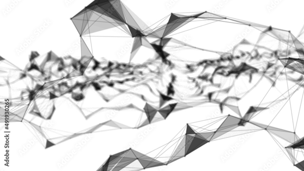 Poster Plexus fantasy abstract technology. Abstract geometric background with moving lines, dots and triangles. Science. Medicine and technology