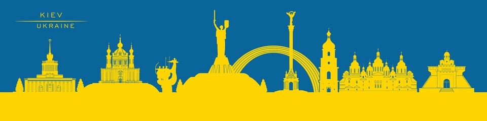 Kyiv historical building silhouettes in yellow on a blue background. - obrazy, fototapety, plakaty
