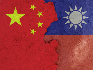 Flag of Taiwan and China on cracked cement of damaged wall texture, background