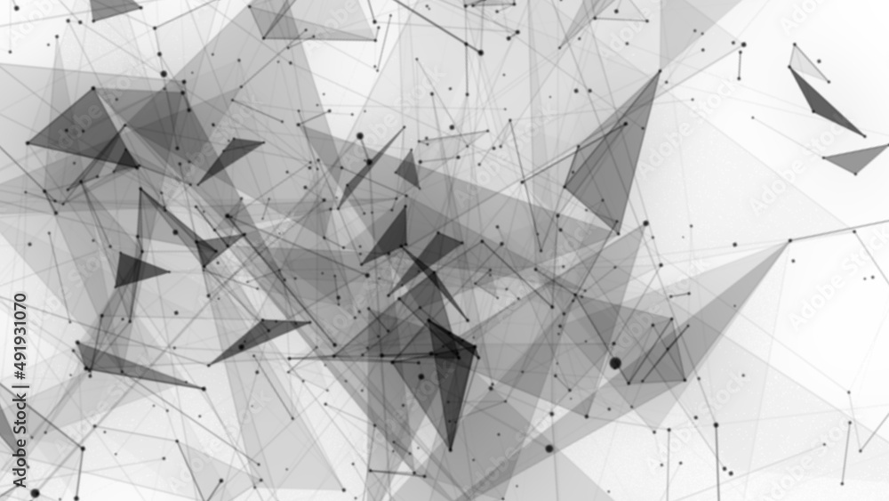 Poster Plexus fantasy abstract technology. Abstract geometric background with moving lines, dots and triangles. Science. Medicine and technology