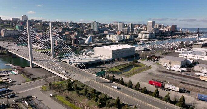 Over the Thea Foss Waterway in Tacoma Traffic Moving Fast Motion 4K UHD