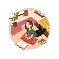 A girl reading a book and enjoy studying in her bedroom isolated on white background. World book day concept cartoon flat vector illustration. International literacy day.