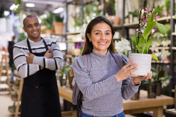 Seller helping woman to choose orchids flowers in flower shop