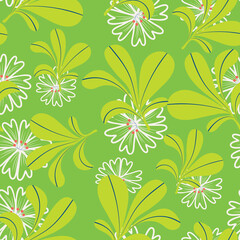 Lime green with green leaves and white outlined flower elements seamless pattern background design.