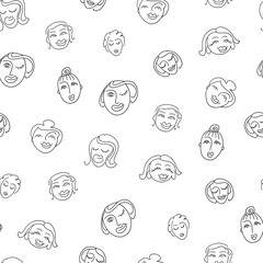 Seamless pattern with cute women's faces in doodle style. Vector illustration.