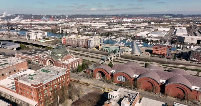 Over the Thea Foss Waterway in Tacoma Downtown City Center 4K UHD