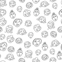 Seamless pattern with cute women's faces in doodle style. Vector illustration of a positive mood.