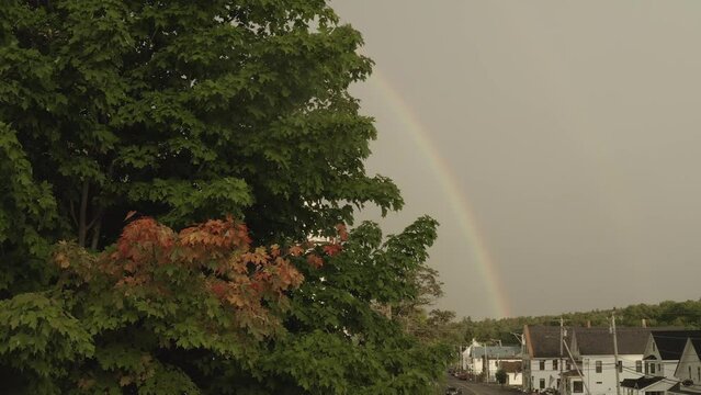 Double rainbow cast over Monson, Maine in Fall Aerial 