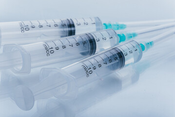 Medicine, Injection, vaccine and disposable syringe isolated, drug concept. Sterile vial medical....