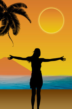 silhouette of a girl on the beach, A beautiful sunset on the beach