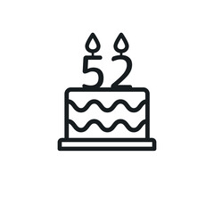 Birthday cake line icon with candle number 52 (fifty-two). Vector.