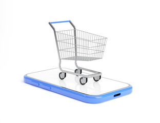 Small Shopping Cart on Smart Phone, online shopping concept 3D illustration