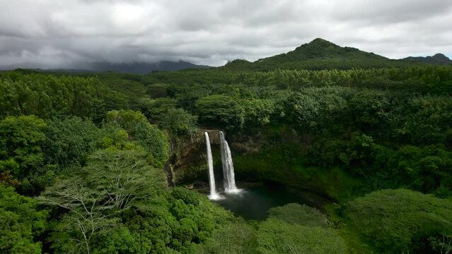 Wailua Falls Cloudy Moody Kauai Hawaii Drone Ariel Bird