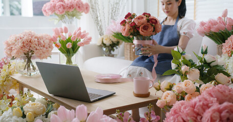 Asia people SME woman tied bow sell flower gift product wrap parcel send by same day sale order fulfilment dropshipping postal solution. Happy job work at home business workspace in digital store.