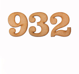 Number 932 in wood, isolated on white background