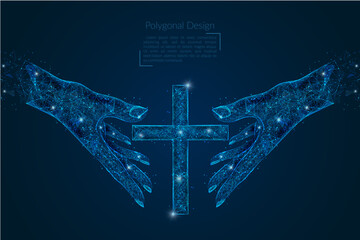Abstract isolated image of human hand holding christian cross. Polygonal low poly style illustration looks like stars in the blask night sky in spase or flying glass shards. © Katsiaryna