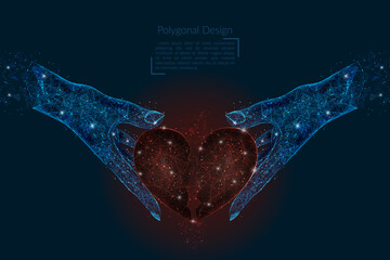 Abstract isolated image of human hand holding broken red heart. Polygonal low poly style illustration looks like stars in the blask night sky in spase or flying glass shards. © Katsiaryna