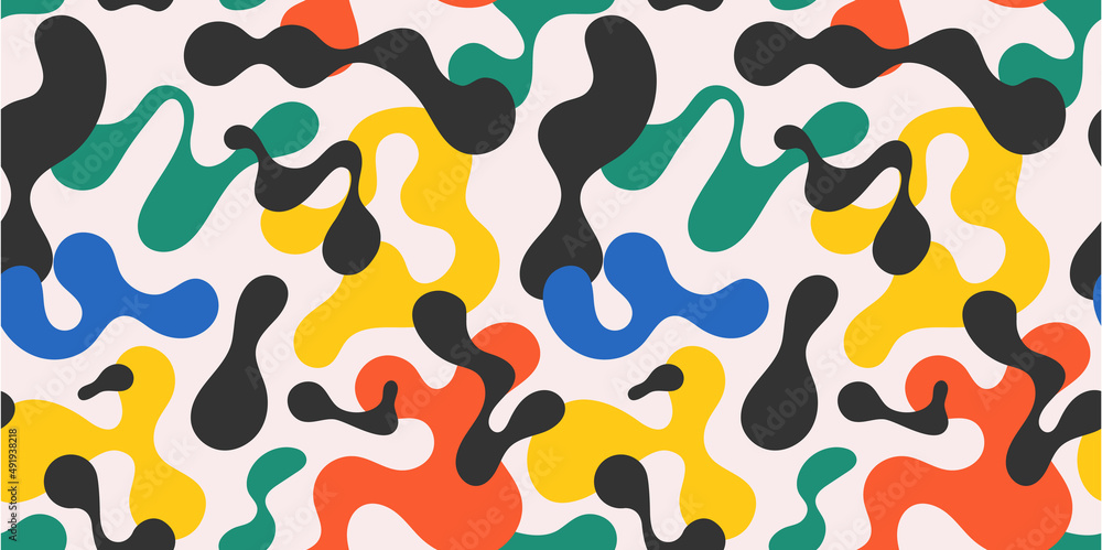 Poster Colorful abstract doodle shape seamless pattern. Creative minimalist style art background, trendy design with basic shapes. Modern color backdrop.