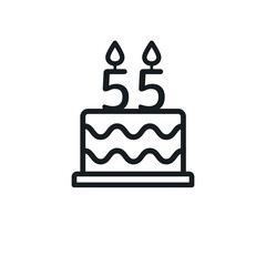 Birthday cake line icon with candle number 55 (fifty-five). Vector.