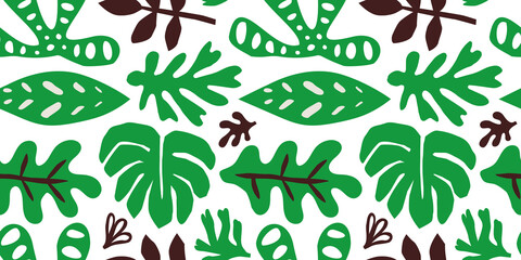 Green jungle leaf doodle shapes seamless pattern. Trendy colorful tropical leaves background design. Monstera plant decoration wallpaper, childish nature symbols.