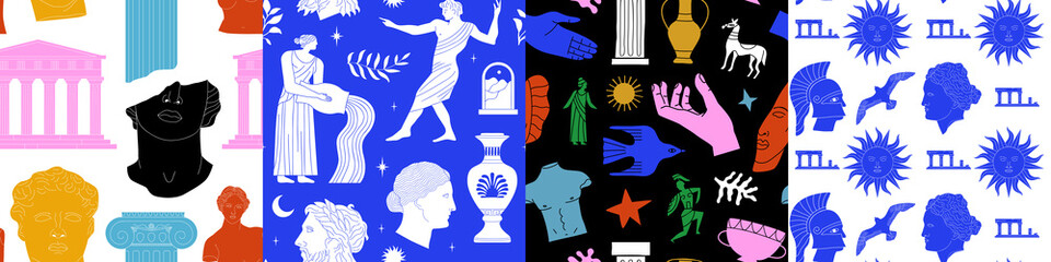 Fototapeta premium Set of ancient greek statue and classic vintage monument seamless pattern. Colorful greece culture background illustration collection. Historical flat cartoon drawing bundle.
