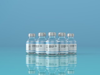 Ampoules with COVID-19 coronavirus vaccine, to fight the coronavirus sars-cov-12 pandemic. with copy space - realistic 3d render	
