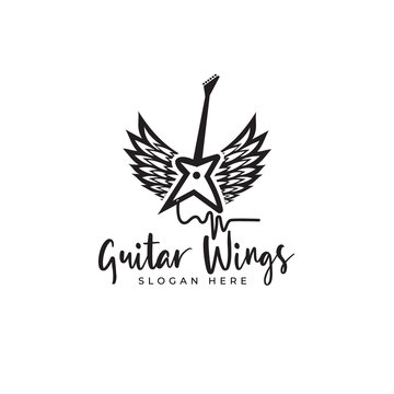 Electric Guitar logo with wings Music shop vintage label grunge style template design elements