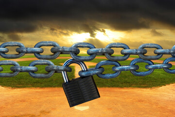 A lock and chain over a baseball field with a dark stormy sky representing the Major League...