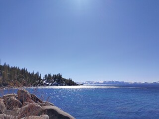 Snow covered mountains and lake