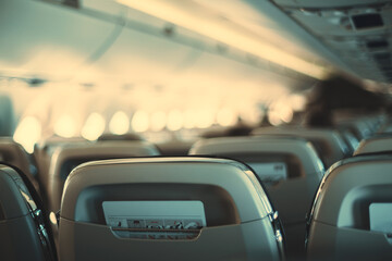 The long cabin of a passenger plane with a a shallow depth of field and selective focus on the...