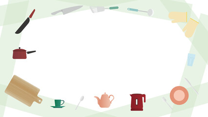 Frame of kitchen utensils in horizontal arrangement.