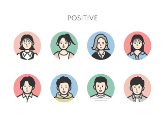 ポジティブな表情の若い女性男女アイコンセット　カラー