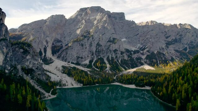 Lago Di Braies Sunrise Fall Autumn Ariel Drone Blue Lake Reflections 